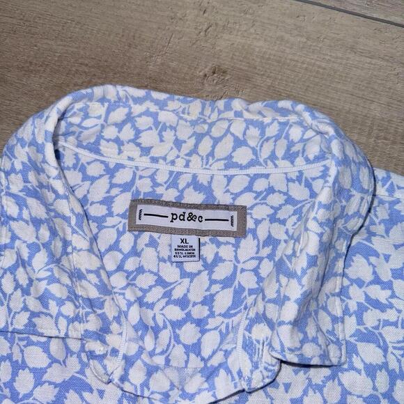 pd&c Button Up Shirt Sz XL White Blue Leaf Print Linen Blend Short Sleeve Casual - Picture 5 of 8